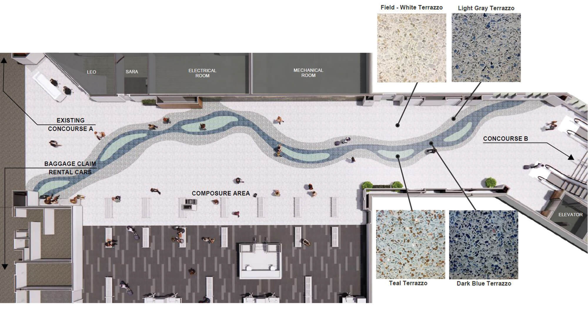 Architectural rendering of the Fresno Airport terrazzo tile river desi